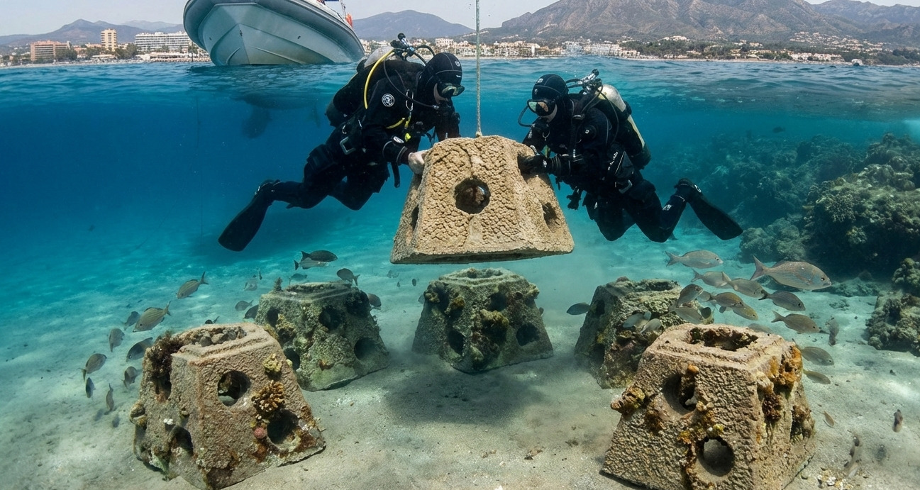 El Puerto Deportivo de Marbella instala seis microarrecifes para impulsar la renaturalización de la biodiversidad marina